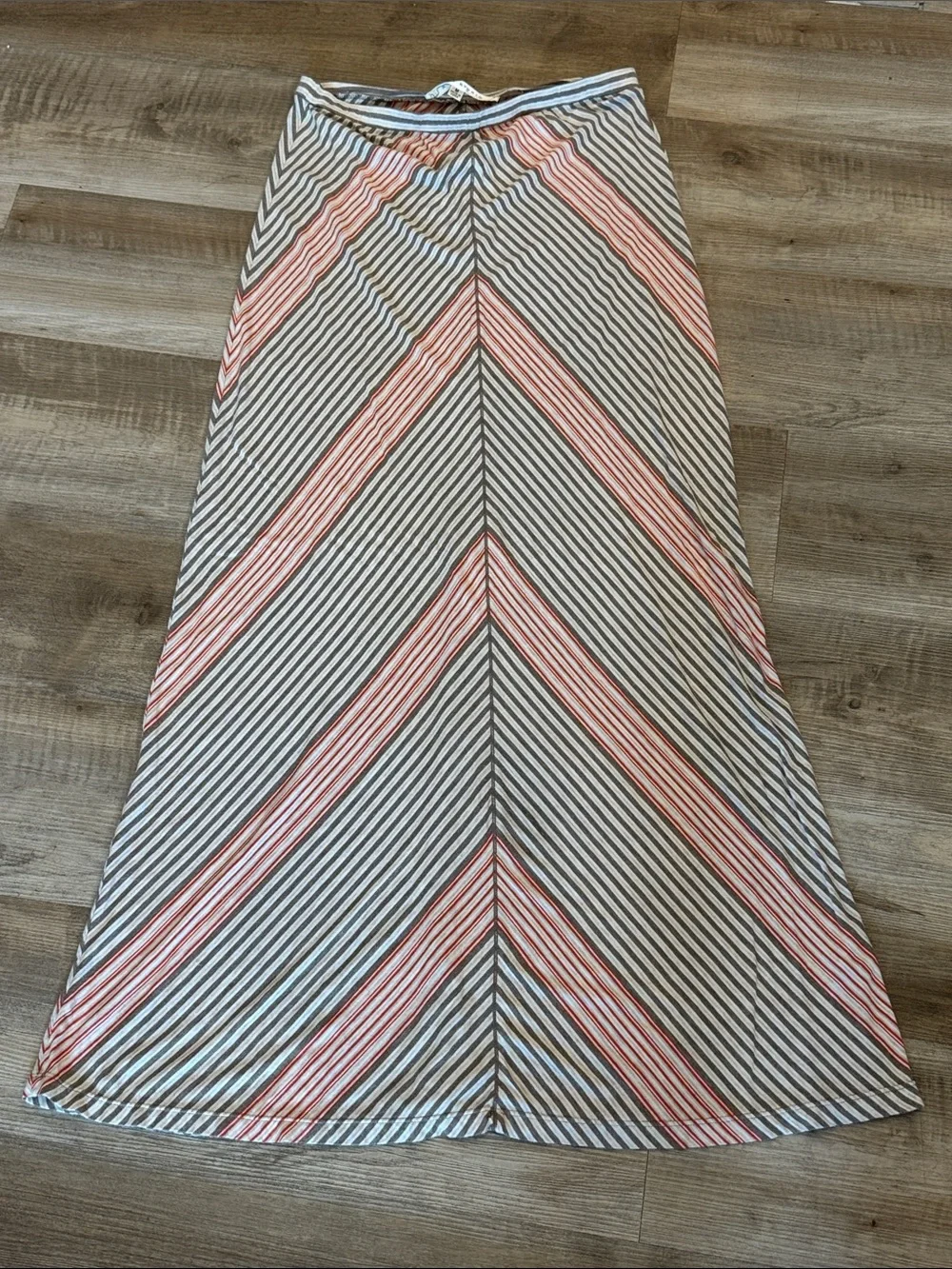 Max Studio Striped A-Line Soft Stretchy Knit Maxi Skirt Red & Gray Elastic Waist